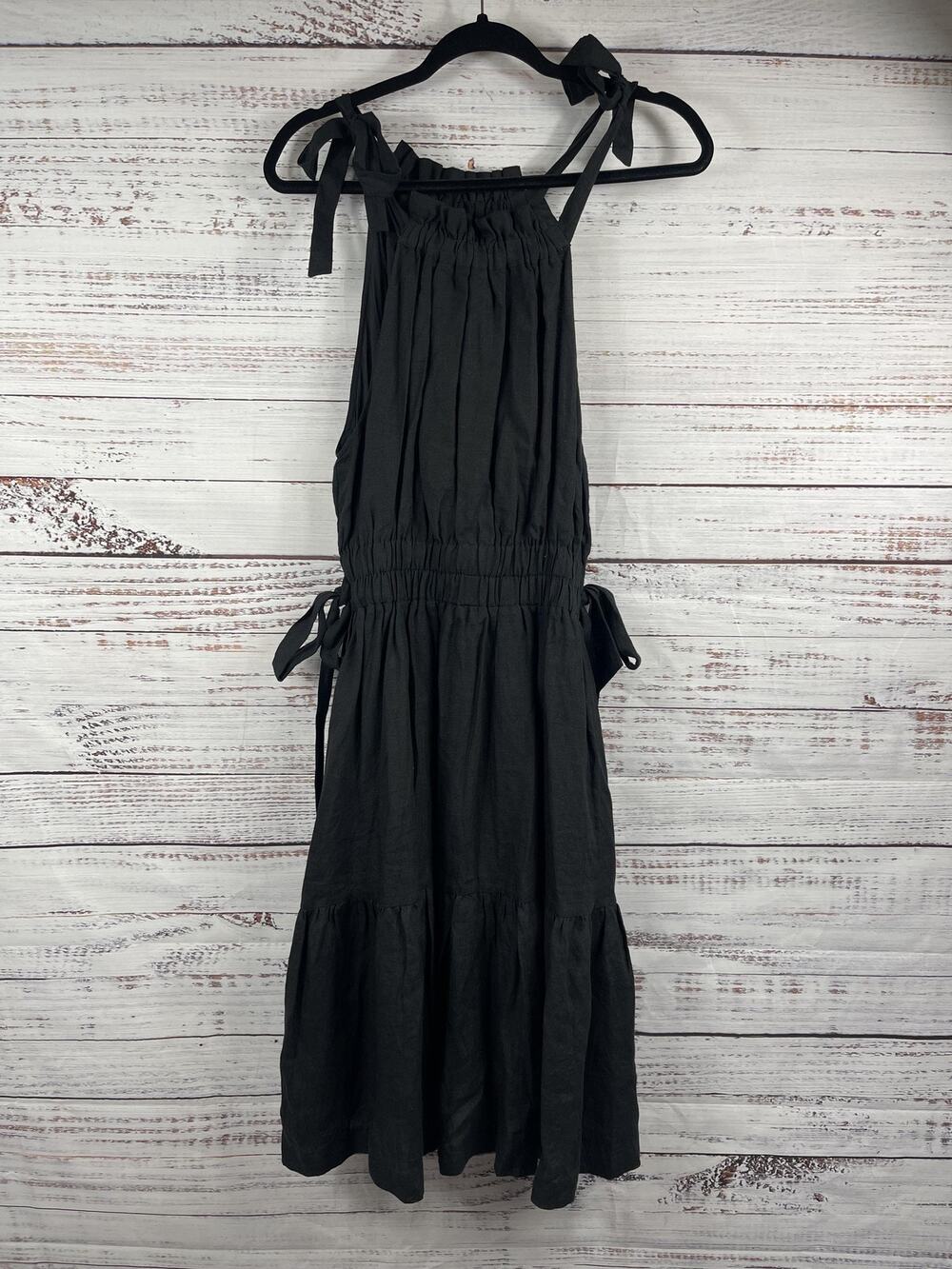 KOPAL Dress Women's Size XS Black Heera Midi Tie Strap Swing Boho Cotton Pockets